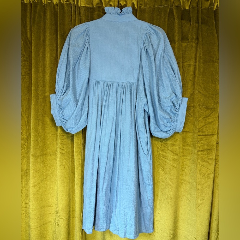 Never a Wallflower High Neck Dress Carolina Blue Seersucker Mini Medium $288 - Picture 8 of 8